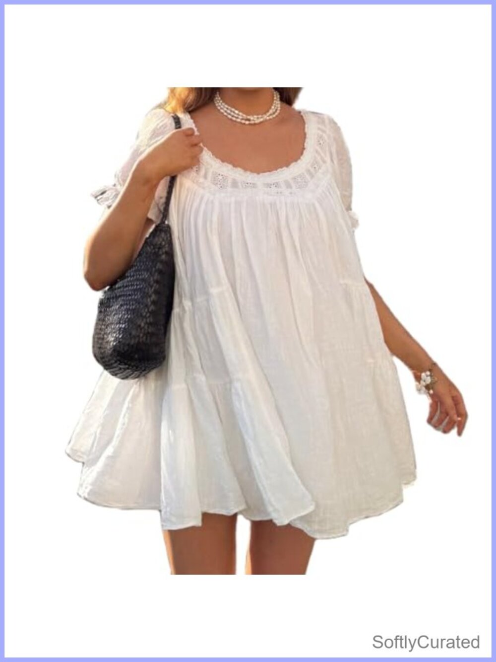 Women Puff Sleeve Babydoll Mini Dress Lace Trim Ruffle Flowy Sundress